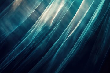 Poster - Dancing waves of light create an ethereal atmosphere underwater in vibrant blues and greens, capturing fluidity and motion. Generative AI