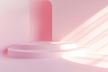 Poster - Soft pink interior with gentle light casting shadows in a minimalistic space ideal for artistic displays and presentations. Generative AI