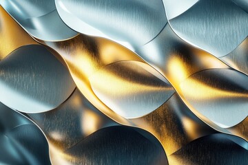 Poster - Dynamic interplay of light and texture in a metallic abstraction showcasing waves of silver and gold tones. Generative AI