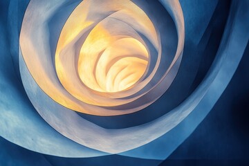 Poster - Swirling patterns of light and shadow create an enchanting spiral in a dreamy blue and gold realm. Generative AI