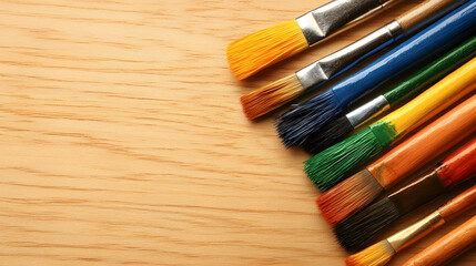 Aufkleber - Colorful paintbrushes arranged on a wooden surface