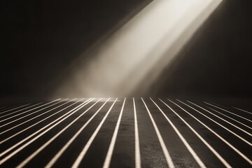 Poster - Mysterious light beams illuminate a textured ground creating an enchanting atmosphere in a dimly lit space. Generative AI