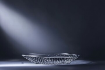 Poster - Elegant wire basket under soft illumination in a minimalistic setting, showcasing contemporary design aesthetics and play of light. Generative AI