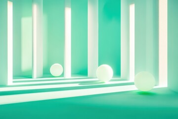 Poster - Charming turquoise interior featuring glowing spheres and radiant light beams dancing across an ethereal space. Generative AI