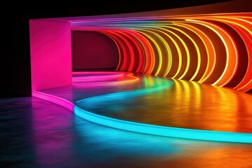 Poster - Vibrant neon lights create a mesmerizing swirl in a modern artistic space filled with color and creativity. Generative AI