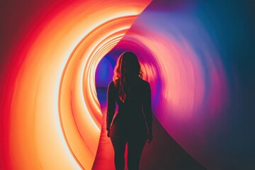 Poster - Woman walking through an illuminated tunnel of vibrant colors creating an enchanting atmosphere at dusk. Generative AI