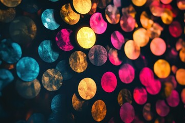 Poster - Vibrant color explosion of shiny circles creating a mesmerizing abstract pattern at night. Generative AI