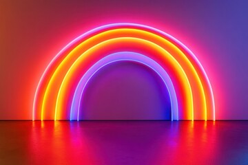 Poster - Vibrant neon rainbow installation glowing against a minimalist wall in an urban art gallery during evening hours. Generative AI