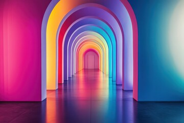 Poster - Colorful arches create a mesmerizing hallway filled with vibrant hues and captivating light. Generative AI