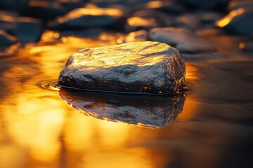 Poster - Golden reflections dance on a tranquil river stone during a serene sunset above the water’s surface. Generative AI