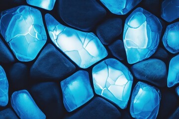 Poster - Illuminated blue stones create a mesmerizing pattern in a tranquil natural setting at twilight. Generative AI