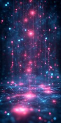 Wall Mural - Abstract glowing pink and blue particles falling on dark background.