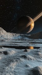 Wall Mural - A celestial view of a ringed planet hovering over a rough, cratered, and icy landscape under a starry sky