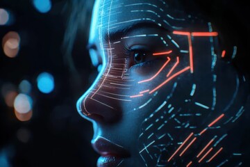 Poster - Woman, futuristic face scan, city night, data overlay, tech