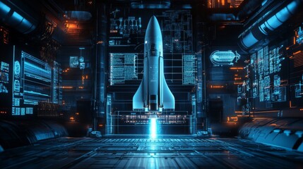 Poster - A sleek rocket stands ready for launch on a technologically advanced pad illuminated by neon blue and orange lights. Digital screens display critical data, creating a high-tech environment at night.
