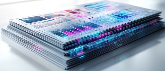 Poster - Stacked data reports with vibrant visual analytics displayed