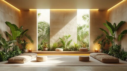 Aufkleber - This relaxing indoor area showcases large windows allowing sunlight and greenery to fill the space, creating a tranquil atmosphere with simple, comfortable seating arrangements.