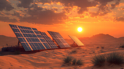  Solar Panel Array Absorbing Sunlight Under a Golden Sky in a Sustainable Energy Landscape.