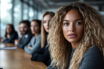 Poster - Focused woman in business meeting with colleagues