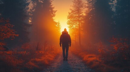 Poster - A solitary figure strolls along a winding forest path as the sun sets, casting warm orange and red tones throughout the vibrant autumn foliage and trees, creating a serene atmosphere.