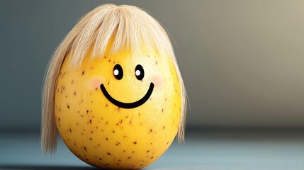 Smiling orange with blonde hair. The orange is smiling and has a happy expression. The hair is styled to look like a girl's hair, and it is styled to look like it is wavy