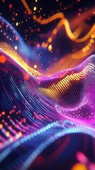 Poster - Abstract waves of glowing light particles with vibrant colors on a dark background create a futuristic scene