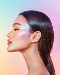 Poster - Model showcase with dewy skin highlights pastel gradient background clean fresh aesthetic view