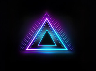 Poster - Glowing neon triangles layered, creating a vibrant, abstract design against a dark background.  The inner triangle is bright cyan, while outer triangles glow purple. The image conveys a sense of energ