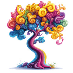 Leinwandbilder - A vibrant digital illustration depicts a stylized tree with colorful swirling branches and leaves against a white background.