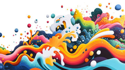 Poster - A vibrant digital illustration featuring abstract waves and spheres in a multitude of bright colors creating a dynamic and energetic composition.