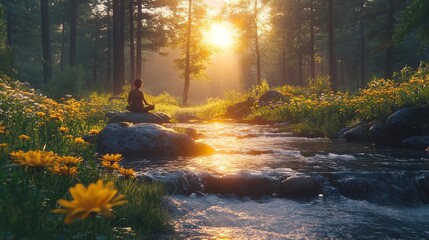Aufkleber - In a serene forest clearing, an individual sits in meditation beside a gently flowing stream. The scene is illuminated by a warm sunset, creating a peaceful atmosphere amid wildflowers.