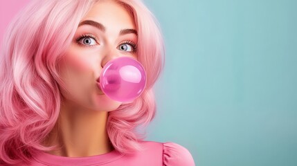 Wall Mural - woman with pink hair blowing bubbles. concept of fun and playfulness