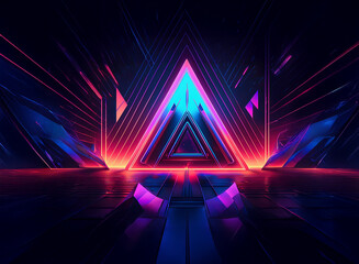 Poster - A vibrant, abstract digital art piece featuring a glowing neon triangle, surrounded by sharp geometric shapes and intense colors.  The scene evokes a feeling of energy and futuristic technology.