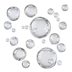 Poster - The image depicts a collection of various sized transparent bubbles on a light gray textured background.