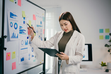 Poster - Asian businesswoman pointing at charts and graphs on whiteboard during a presentation in office