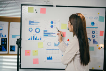Poster - Businesswoman analyzing statistical graphs and charts, using pen and sticky notes on whiteboard, planning project strategy