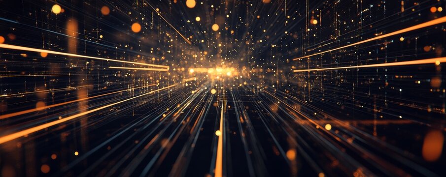 Vivid light patterns convey a sense of speed in a digital tunnel during a futuristic journey