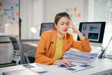 Aufkleber - Young professional suffering from headache while working with documents and computer in modern office