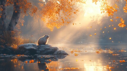 Wall Mural - Serene Autumn Scene Featuring a Beaver by a Tranquil River Amidst Golden Leaves