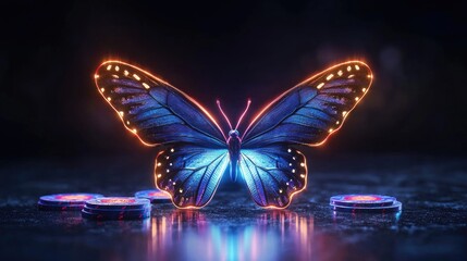 Poster - Illuminated butterfly playing with chips fantasy realm digital art vibrant environment close-up symbol of transformation