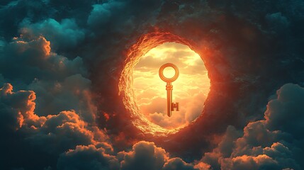 Wall Mural - Glowing sky with a floating golden key near a giant keyhole symbolizing the unlocking of new worlds and opportunities