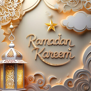 A beautiful Ramadan Kareem paper-cut vector design, featuring an intricately crafted lantern, star, and cloud ornaments.