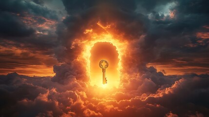 Wall Mural - A glowing sky with a gigantic keyhole and a radiant golden key nearby symbolizing the unlocking of new horizons and opportunities