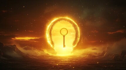 Wall Mural - Glowing horizon and a golden key floating near a gigantic keyhole symbolizing the discovery of new paths and opportunities