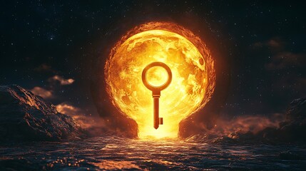 Wall Mural - Glowing horizon and a golden key floating near a gigantic keyhole symbolizing the discovery of new paths and opportunities