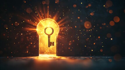 Wall Mural - Radiant horizon with a golden key floating near a keyhole symbolizing the discovery of new paths to unseen opportunities