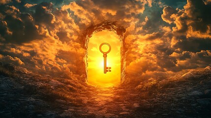 Wall Mural - Radiant horizon with a golden key floating near a keyhole symbolizing the discovery of new paths to unseen opportunities