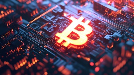 Poster - Glowing Bitcoin on Circuit Board, Digital Currency, Technology Background