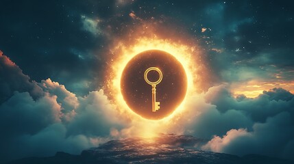 Wall Mural - Glowing sky with a floating golden key near a giant keyhole representing the unlocking of new worlds and possibilities