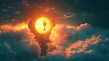 Wall Mural - Glowing sky with a floating golden key near a giant keyhole representing the unlocking of new worlds and possibilities